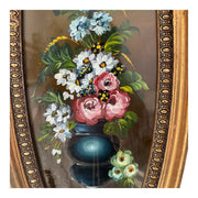 Signed Vintage Floral Still Life Oil Painting in Oval Gilt Frame, Under Glass