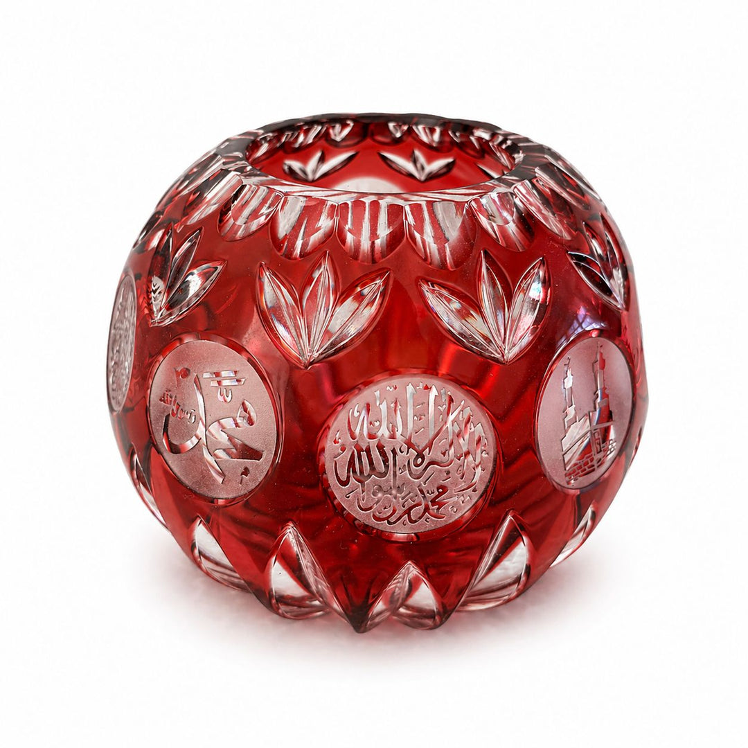 Ruby Red Cut Glass Vase with Arabic Calligraphy. Elegant Decorative Accent