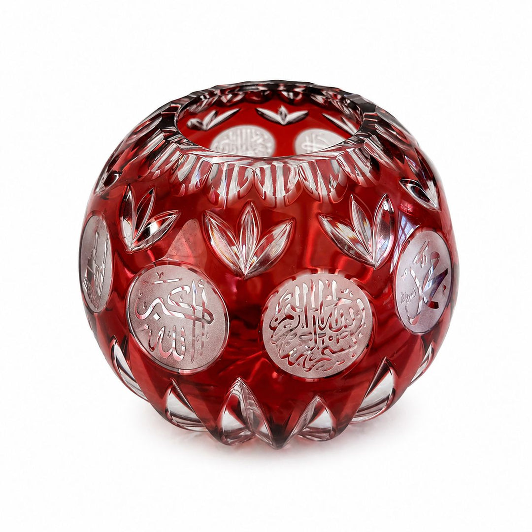 Ruby Red Cut Glass Vase with Arabic Calligraphy. Elegant Decorative Accent