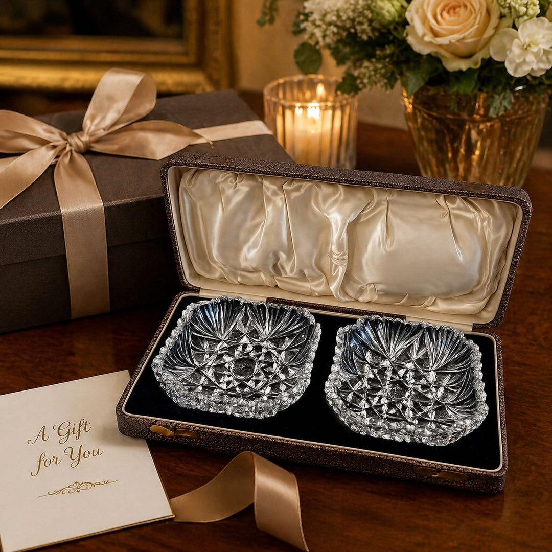 Pair of Cut Crystal Bowls in Original Finnigans Ltd Case. London Retailer