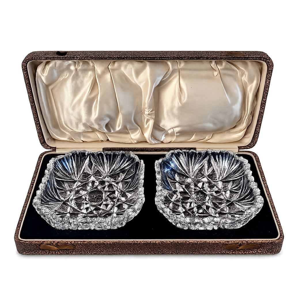 Pair of Cut Crystal Bowls in Original Finnigans Ltd Case. London Retailer