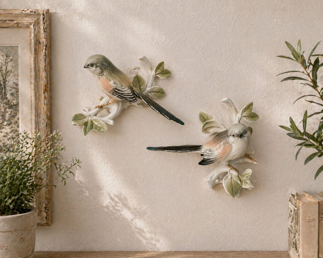Pair Karl Ens Porcelain Long Tailed Tit Bird Wall Plaques Mid Century German Figurines