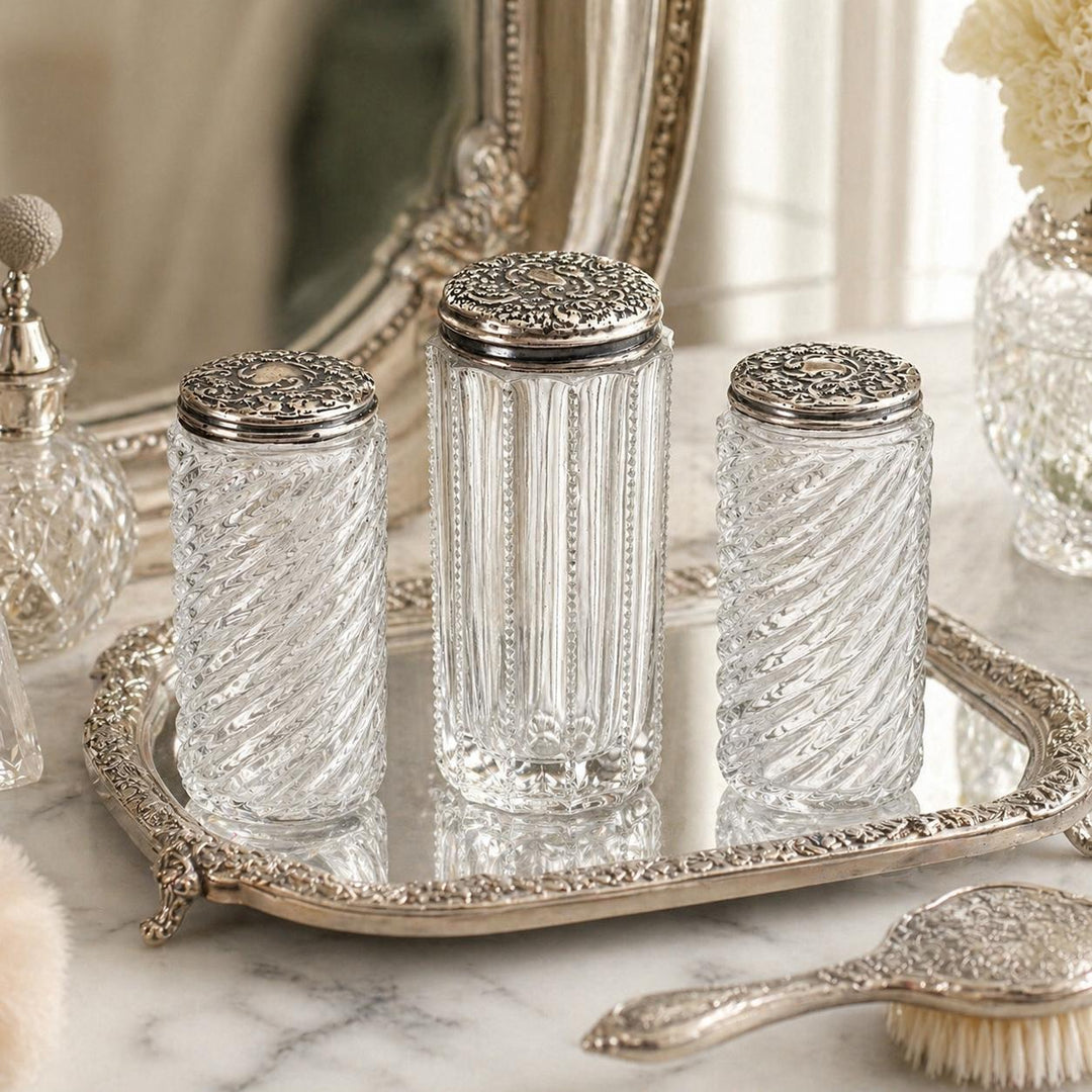 Cut Glass Vanity Bottles with Silver Plate Lids, Set of Three