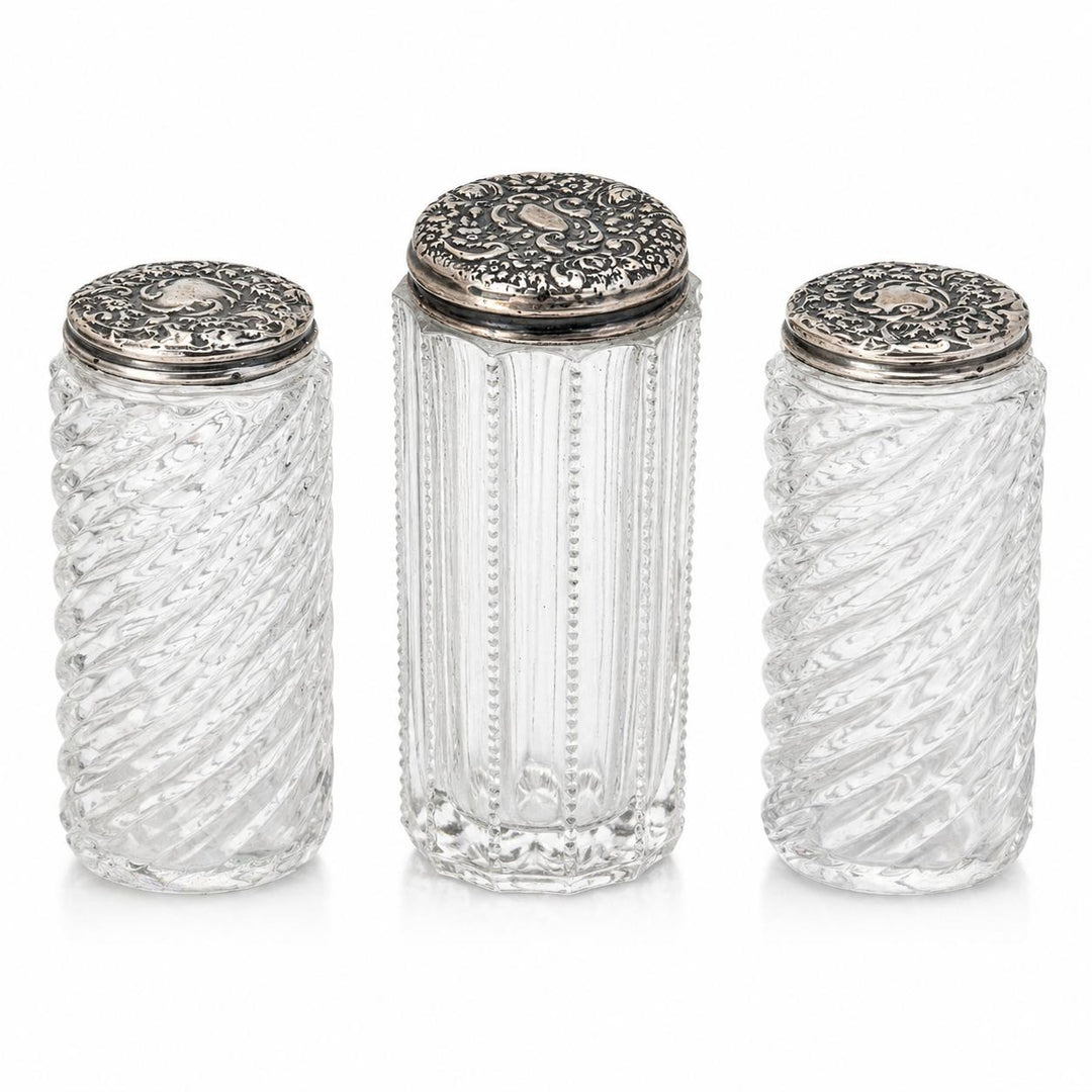 Cut Glass Vanity Bottles with Silver Plate Lids, Set of Three