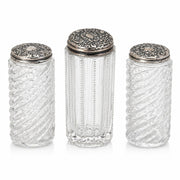 Cut Glass Vanity Bottles with Silver Plate Lids, Set of Three