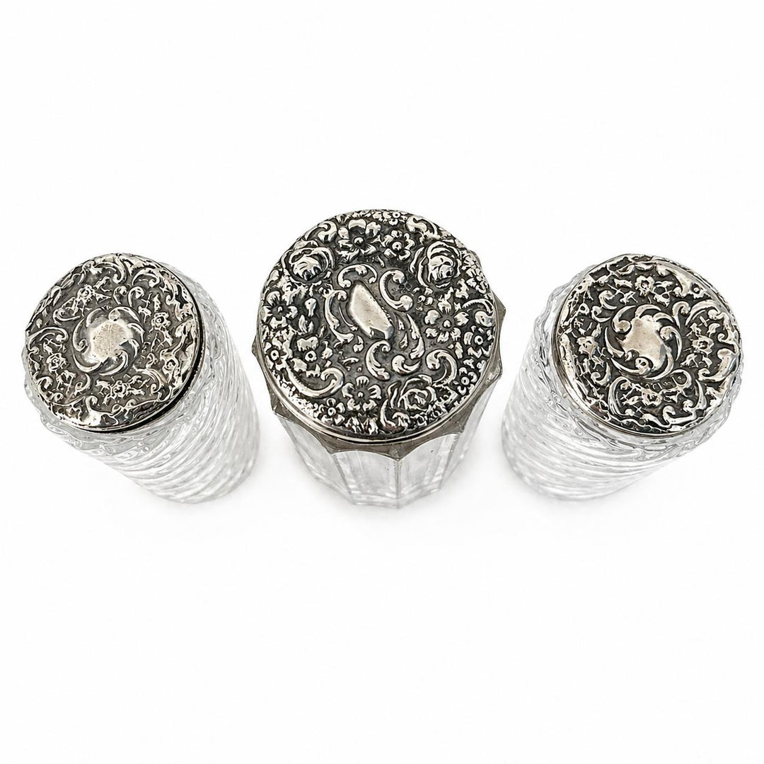 Cut Glass Vanity Bottles with Silver Plate Lids, Set of Three