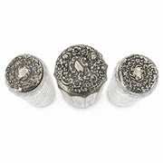 Cut Glass Vanity Bottles with Silver Plate Lids, Set of Three