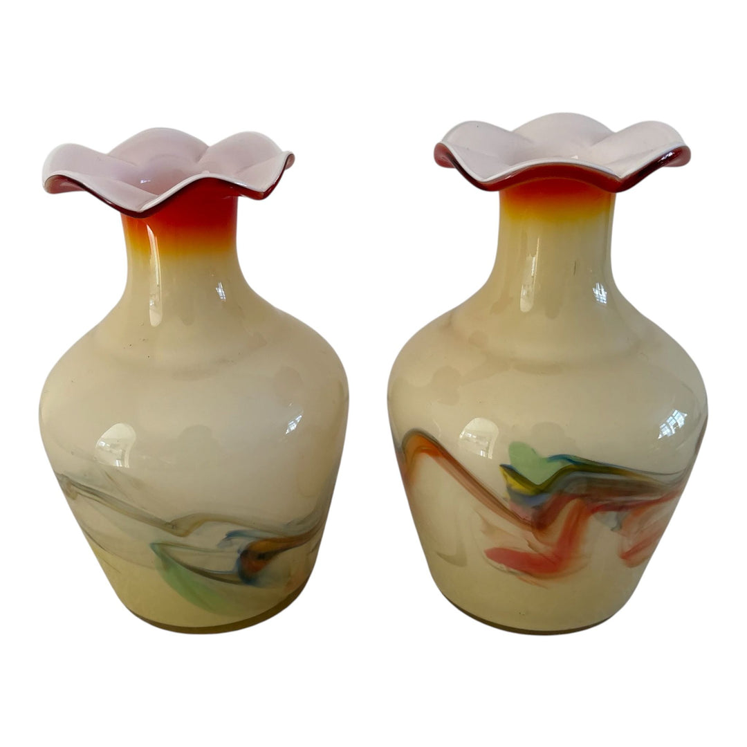 Pair Vintage 1960s Chinese Art Glass Vases Dalian Snowflake Murano Style Retro Glass