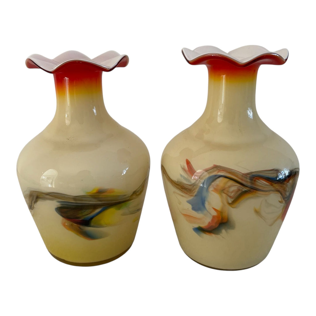 Pair Vintage 1960s Chinese Art Glass Vases Dalian Snowflake Murano Style Retro Glass