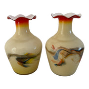 Pair Vintage 1960s Chinese Art Glass Vases Dalian Snowflake Murano Style Retro Glass