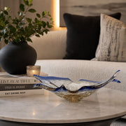 Exceptional Murano Style Freeform Art Glass Centrepiece Bowl Blue & Amber Sommerso, Mid Century