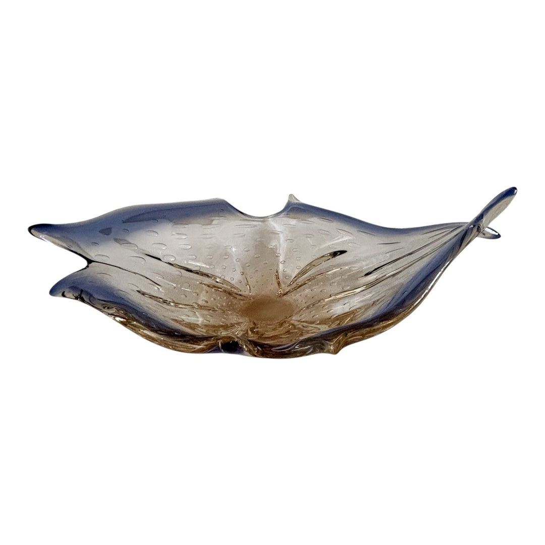Exceptional Murano Style Freeform Art Glass Centrepiece Bowl Blue & Amber Sommerso, Mid Century