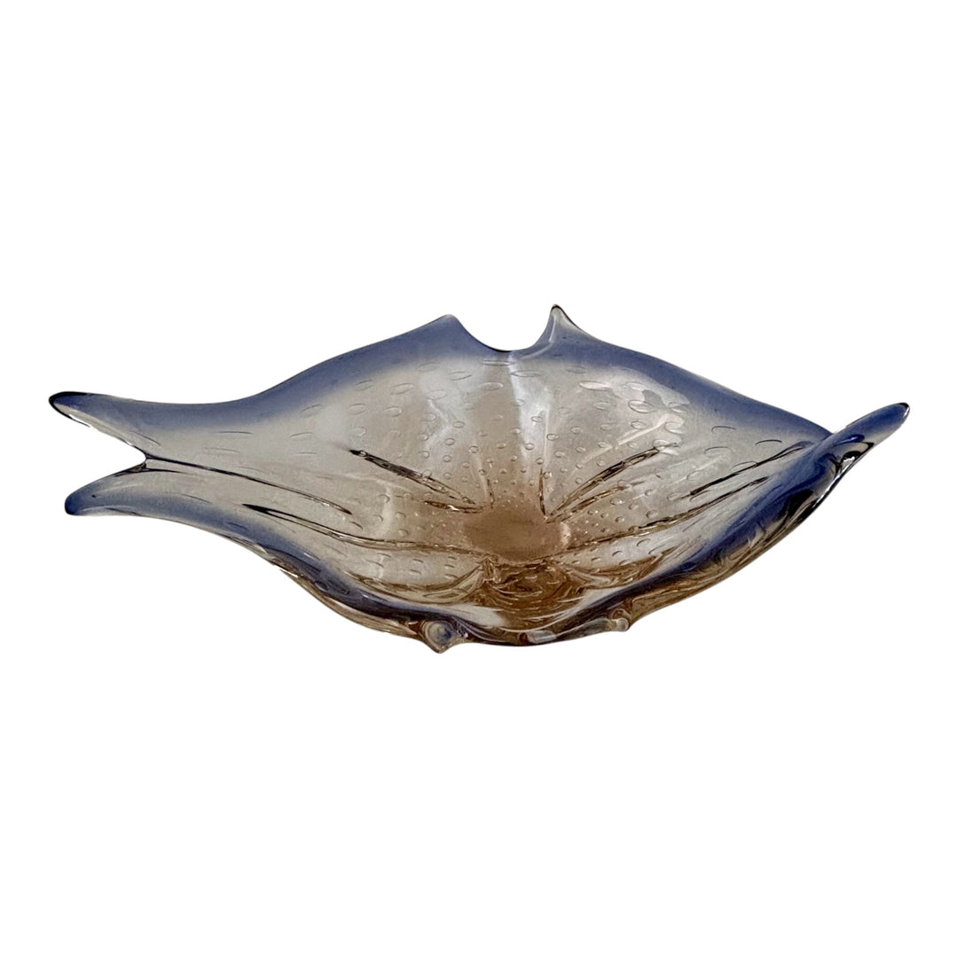 Exceptional Murano Style Freeform Art Glass Centrepiece Bowl Blue & Amber Sommerso, Mid Century