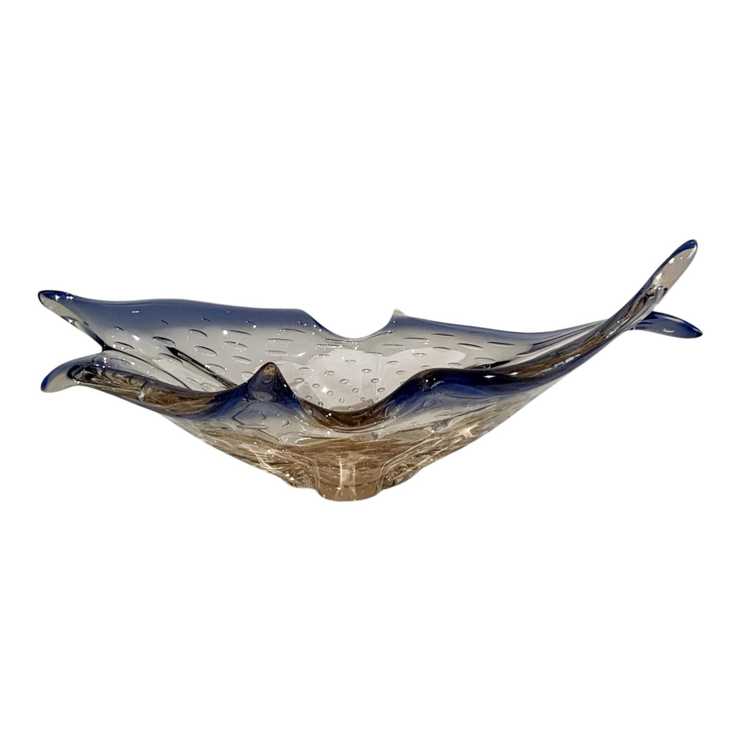 Exceptional Murano Style Freeform Art Glass Centrepiece Bowl Blue & Amber Sommerso, Mid Century