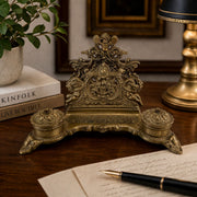Ornate Victorian Brass Double Inkwell & Letter Holder Stand with Cherub & Dolphin Decoration