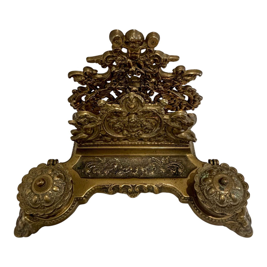 Ornate Victorian Brass Double Inkwell & Letter Holder Stand with Cherub & Dolphin Decoration