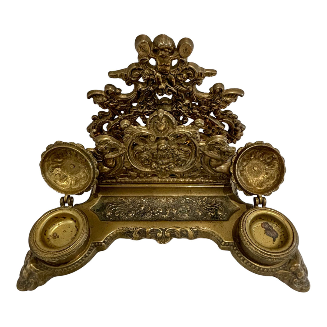 Ornate Victorian Brass Double Inkwell & Letter Holder Stand with Cherub & Dolphin Decoration