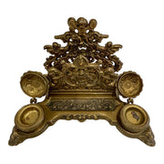 Ornate Victorian Brass Double Inkwell & Letter Holder Stand with Cherub & Dolphin Decoration