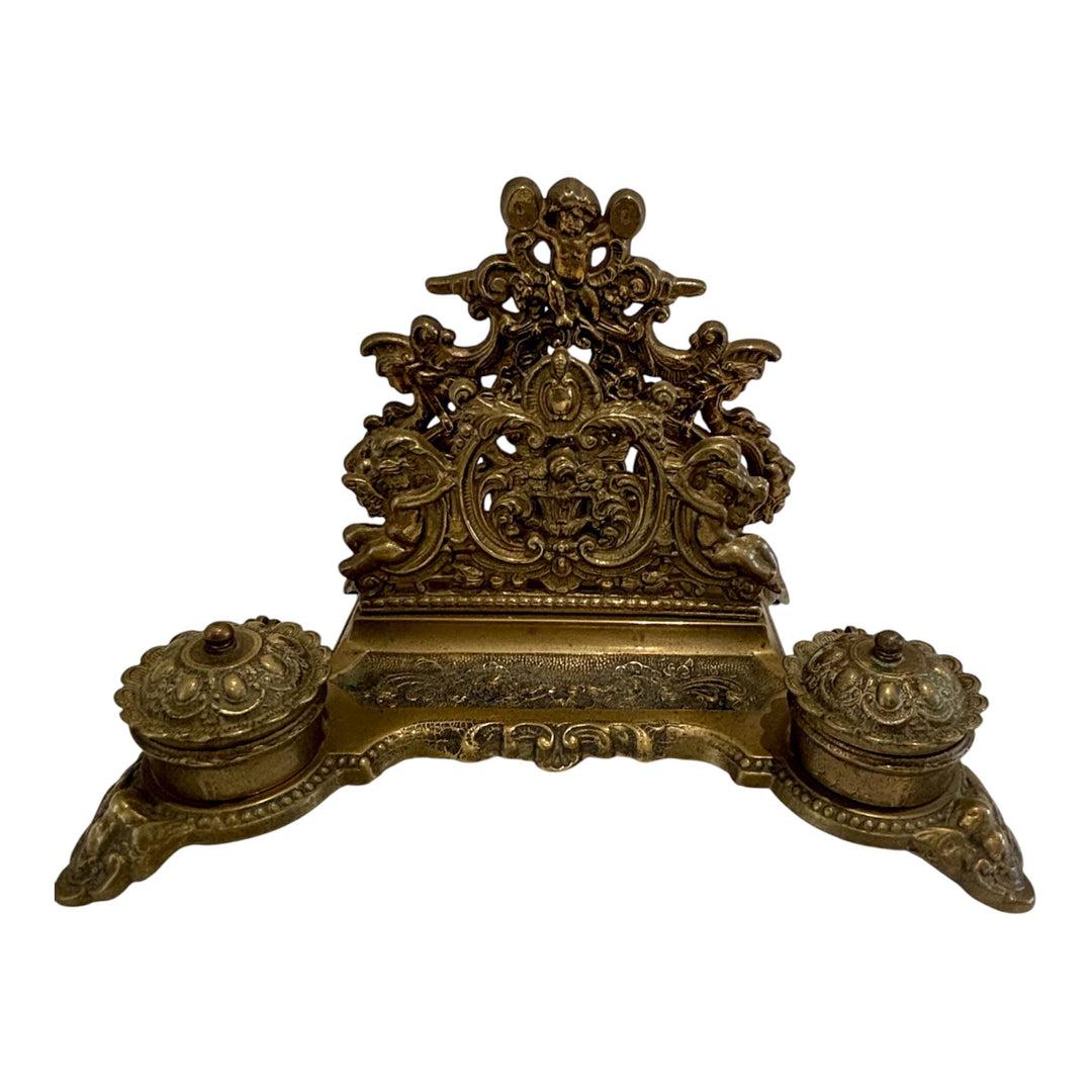 Ornate Victorian Brass Double Inkwell & Letter Holder Stand with Cherub & Dolphin Decoration