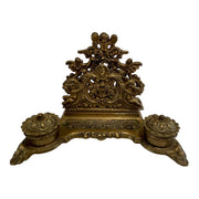 Ornate Victorian Brass Double Inkwell & Letter Holder Stand with Cherub & Dolphin Decoration