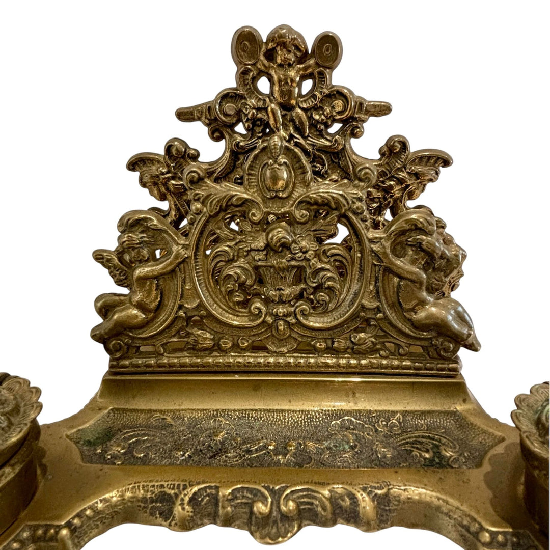 Ornate Victorian Brass Double Inkwell & Letter Holder Stand with Cherub & Dolphin Decoration
