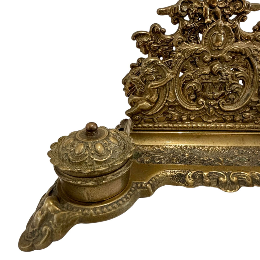 Ornate Victorian Brass Double Inkwell & Letter Holder Stand with Cherub & Dolphin Decoration