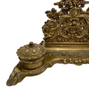 Ornate Victorian Brass Double Inkwell & Letter Holder Stand with Cherub & Dolphin Decoration