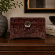 Mid-Century Hand-Carved Wooden Jewellery / Table Chest Oriental Style Lock & Key Floral Bird Decoration