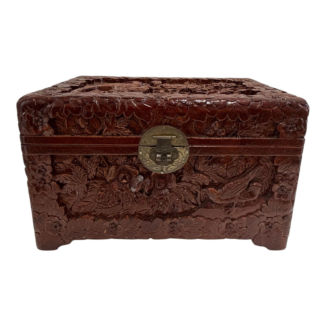 Mid-Century Hand-Carved Wooden Jewellery / Table Chest Oriental Style Lock & Key Floral Bird Decoration