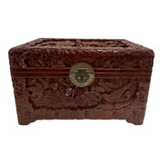 Mid-Century Hand-Carved Wooden Jewellery / Table Chest Oriental Style Lock & Key Floral Bird Decoration