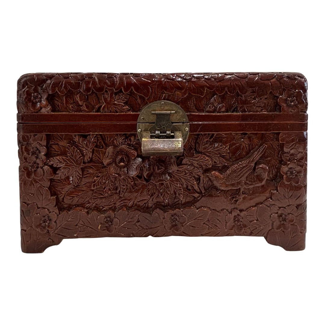 Mid-Century Hand-Carved Wooden Jewellery / Table Chest Oriental Style Lock & Key Floral Bird Decoration