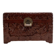 Mid-Century Hand-Carved Wooden Jewellery / Table Chest Oriental Style Lock & Key Floral Bird Decoration