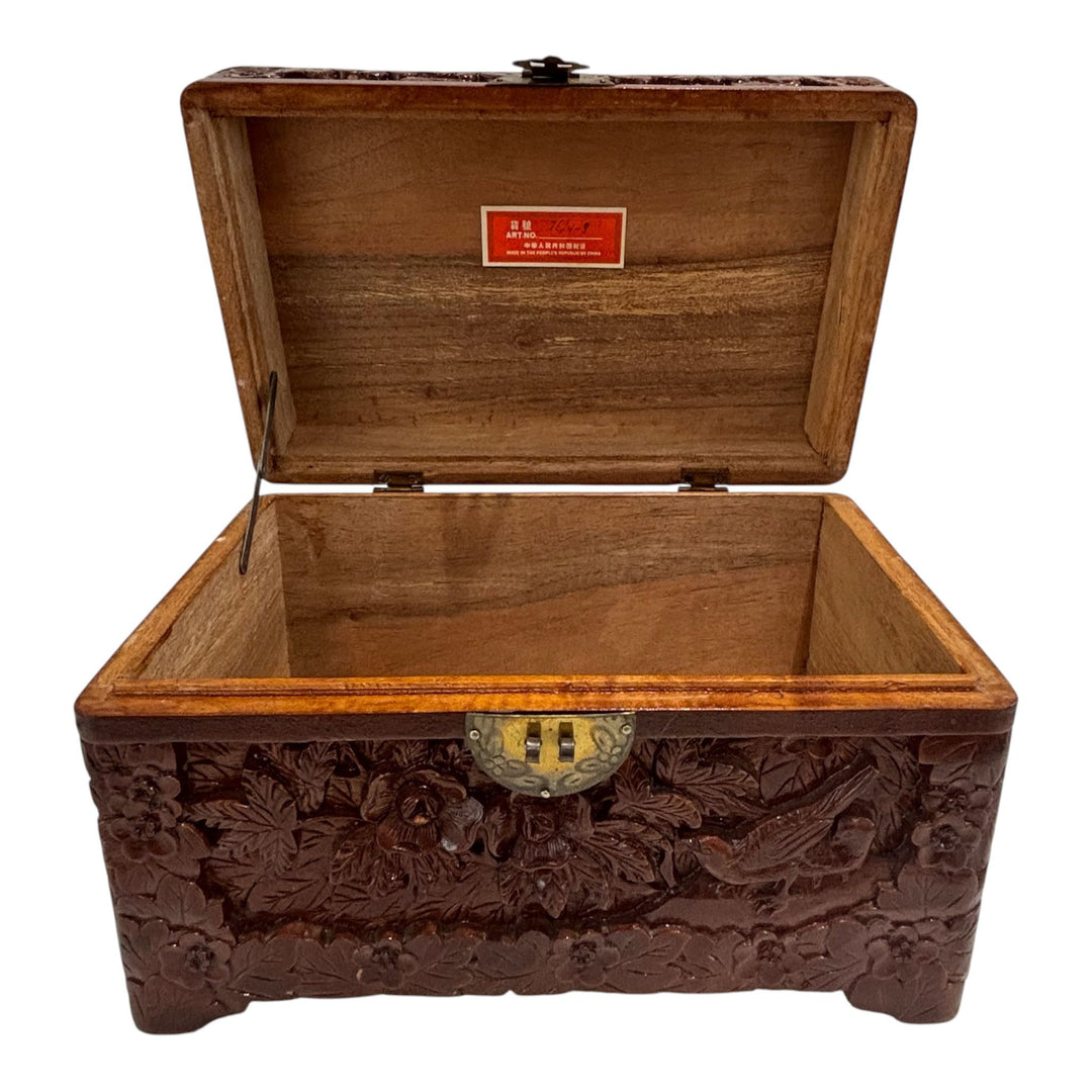 Mid-Century Hand-Carved Wooden Jewellery / Table Chest Oriental Style Lock & Key Floral Bird Decoration