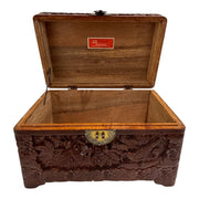 Mid-Century Hand-Carved Wooden Jewellery / Table Chest Oriental Style Lock & Key Floral Bird Decoration