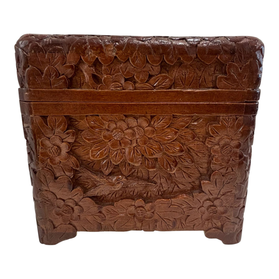 Mid-Century Hand-Carved Wooden Jewellery / Table Chest Oriental Style Lock & Key Floral Bird Decoration