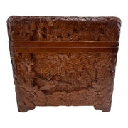 Mid-Century Hand-Carved Wooden Jewellery / Table Chest Oriental Style Lock & Key Floral Bird Decoration