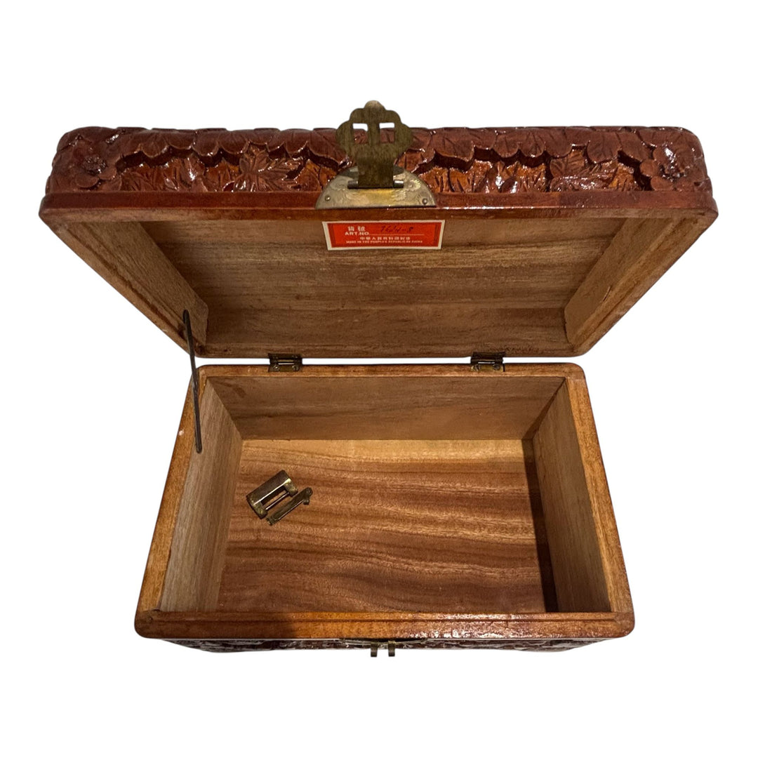 Mid-Century Hand-Carved Wooden Jewellery / Table Chest Oriental Style Lock & Key Floral Bird Decoration