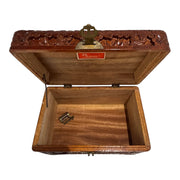 Mid-Century Hand-Carved Wooden Jewellery / Table Chest Oriental Style Lock & Key Floral Bird Decoration