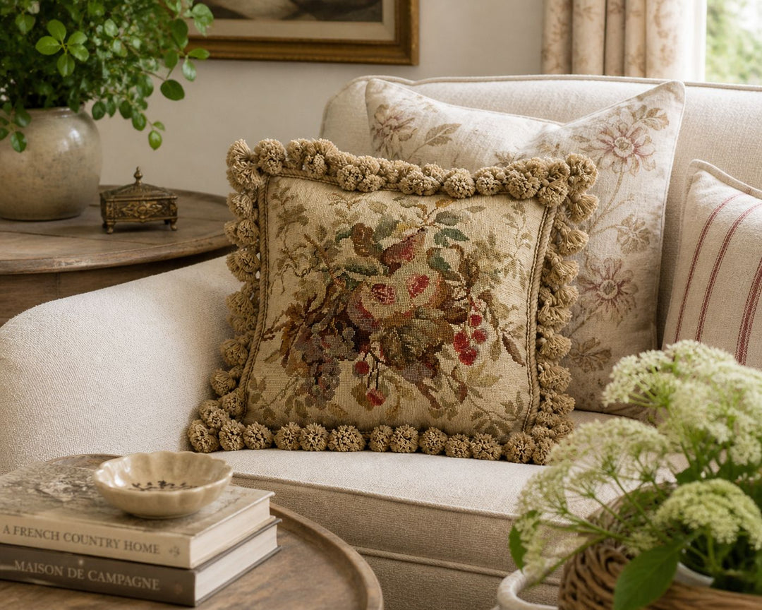 Vintage French Country Style Needlepoint Cushion with Tassel Trim (B)