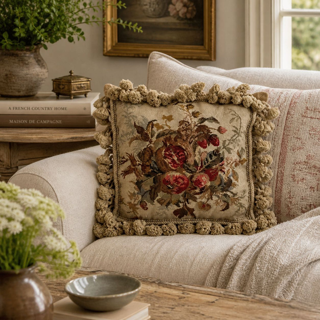 Vintage French Country Style Needlepoint Cushion with Tassel Trim (C)
