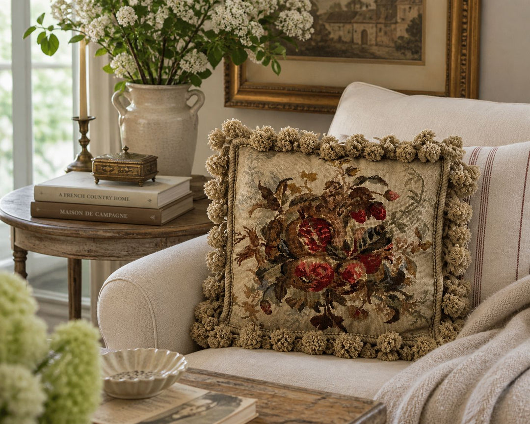Vintage French Country Style Needlepoint Cushion with Tassel Trim (D)