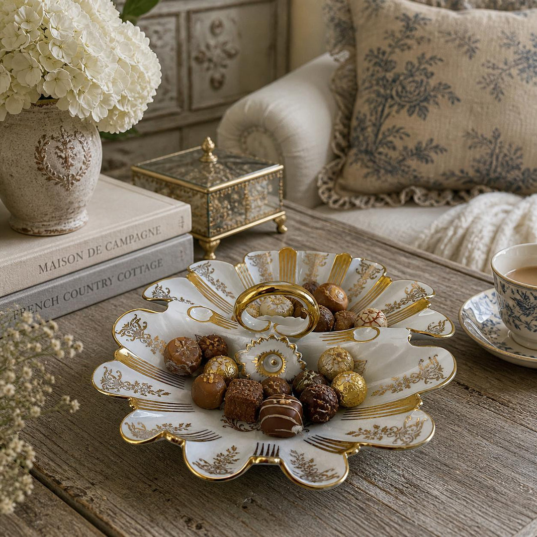 Antique German Porcelain Twin Bonbon Dish with Gilt Decoration & Handle, ELM Mark c.1900”
