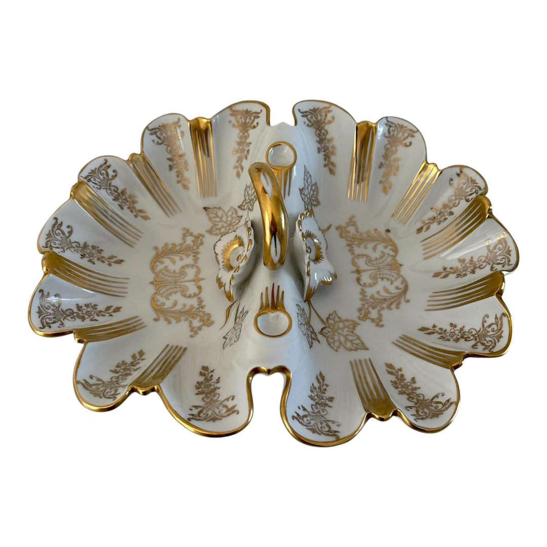 Antique German Porcelain Twin Bonbon Dish with Gilt Decoration & Handle, ELM Mark c.1900”