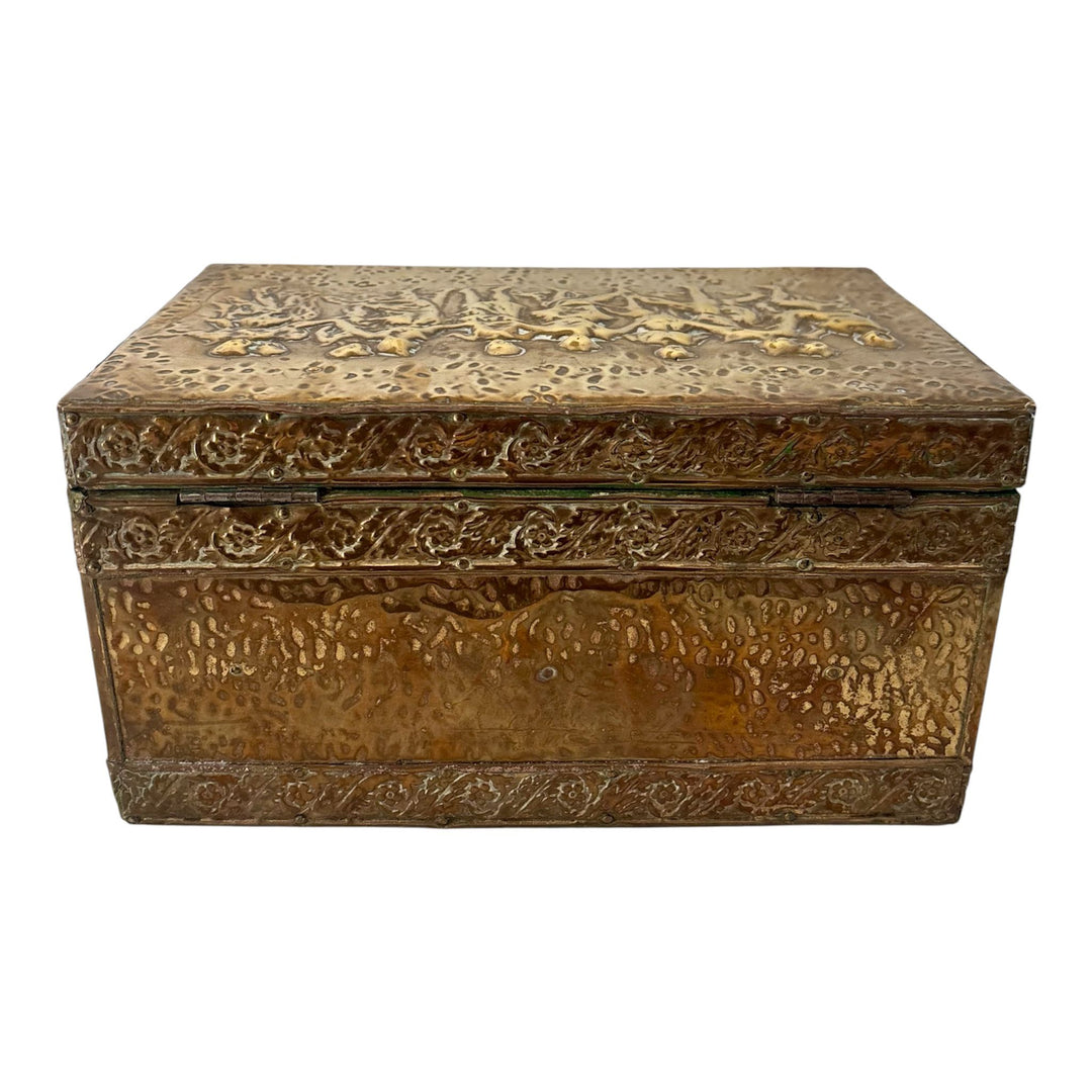 French Embossed Brass Jewellery Casket with Classical Figural Frieze