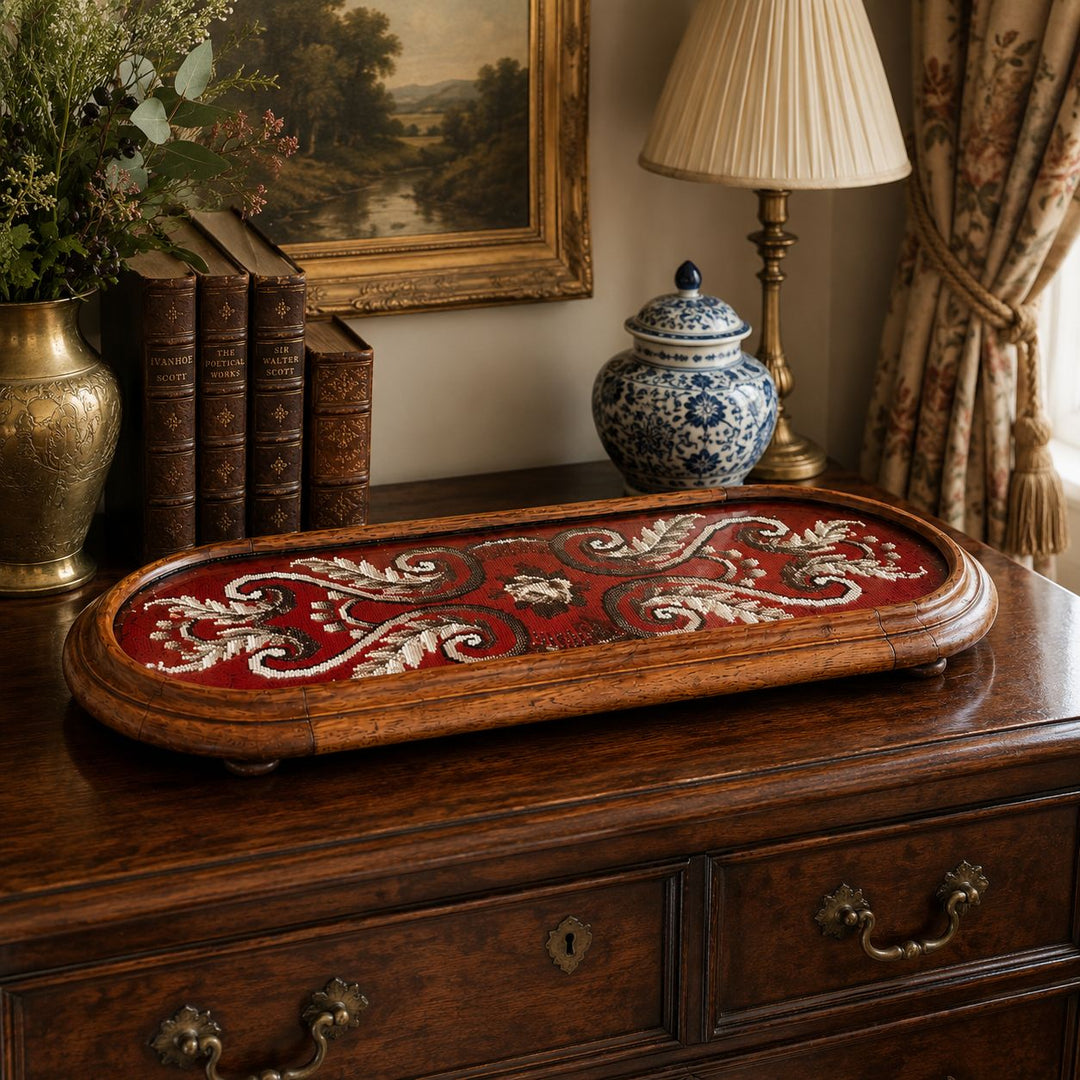 Victorian Beadwork & Needlepoint Tray by Wylie & Lochhead, Glasgow, c.1880