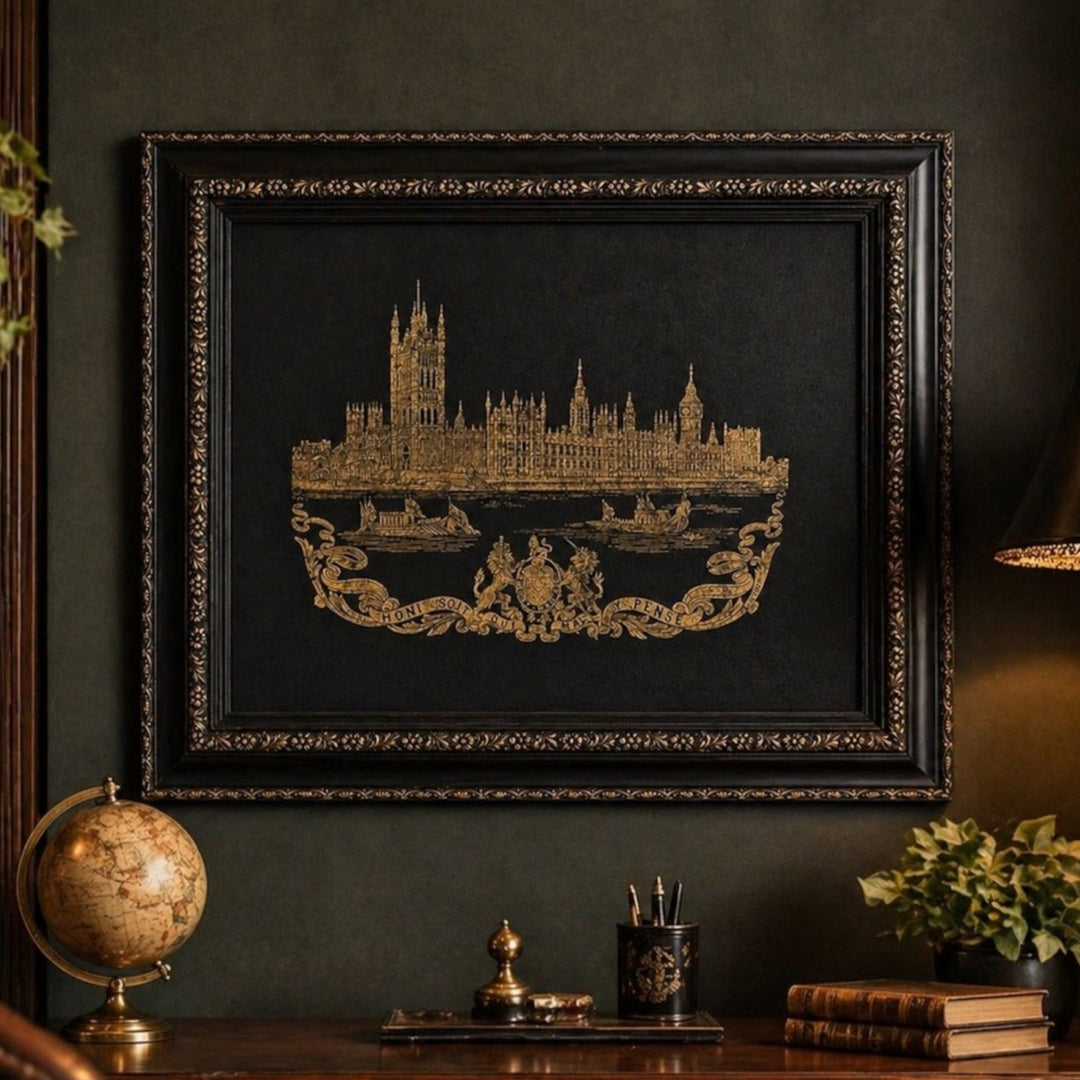 Framed Jacquard Woven Panel of the Houses of Parliament, Gilt on Black Textile