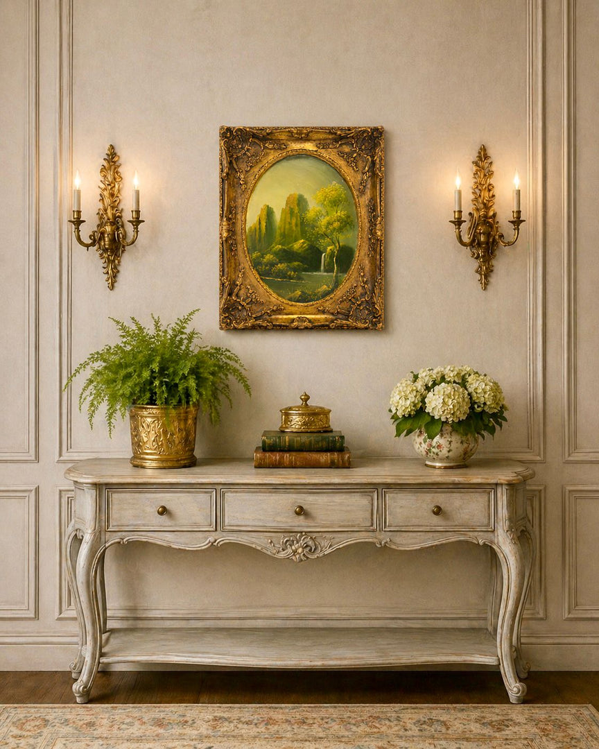 Antique continental Mountain Landscape Oil Painting in Rococo Gilt Frame