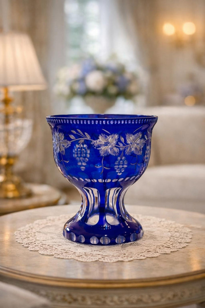Vintage Cobalt Blue Cut Glass Pedestal Bowl / Vase Bohemian Style