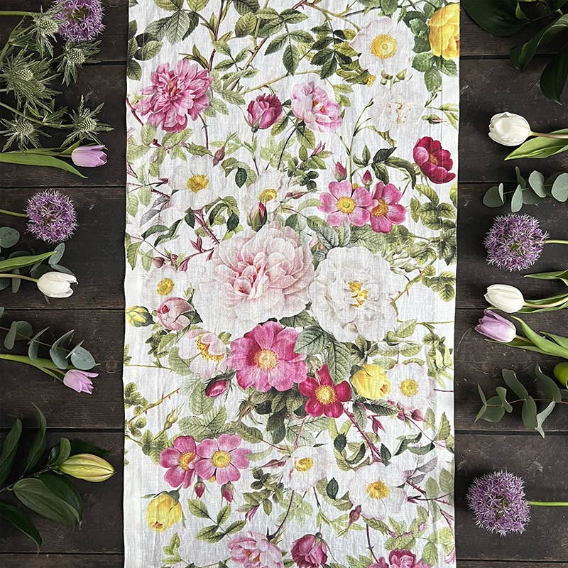 Rose Flower Garden Table runner in linen- made in Europe