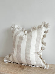 Hallie Ruffled Linen Cushion Cover, Beige & Cream Wide Stripe
